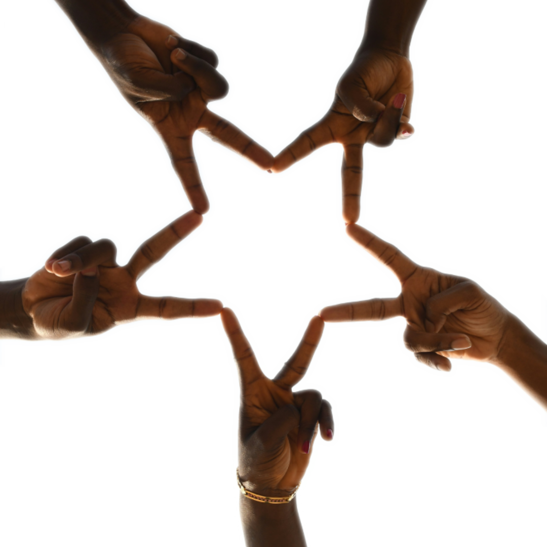 Hands forming a star-like circle.